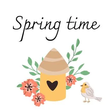 Spring greeting card with robin bird and lettering spring time Stock Illustration