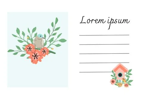 Spring greeting card template with birds and birdhouse with flowers Stock Illustration