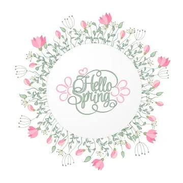 Spring Hand Draw Round Frame with Gentle Pink Flowers, leaves and herbs Stock Illustration
