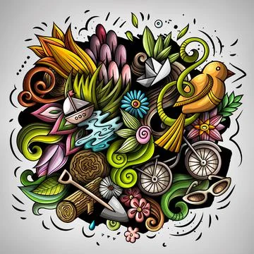 Spring hand drawn cartoon doodle illustration. Funny seasonal design Stock Illustration