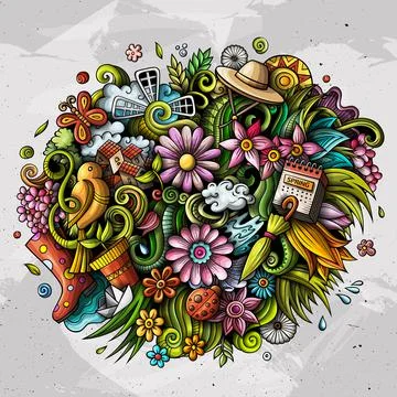 Spring hand drawn cartoon doodle illustration. Funny seasonal design Stock Illustration