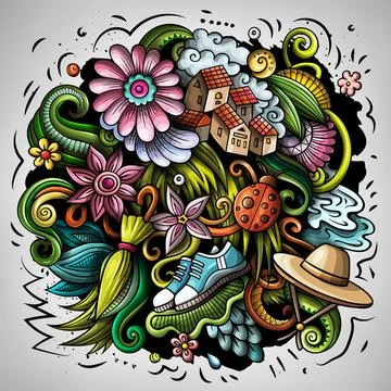 Spring hand drawn cartoon doodle illustration. Funny seasonal design Stock Illustration