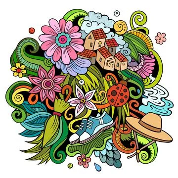 Spring hand drawn cartoon doodle illustration. Funny seasonal design 스톡 일러스트