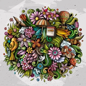 Spring hand drawn cartoon doodle illustration. Funny seasonal design Stock Illustration