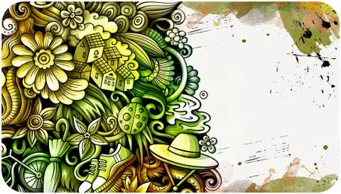 Spring hand drawn doodle banner. Cartoon detailed flyer. Stock Illustration