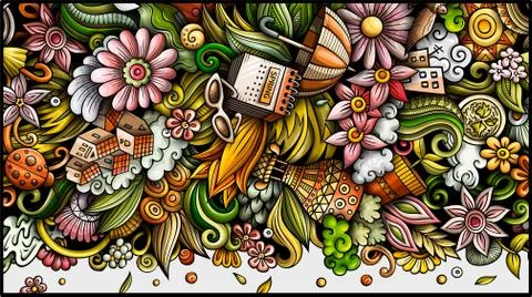 Spring hand drawn doodle banner. Cartoon detailed flyer. Stock Illustration