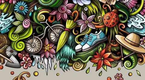 Spring hand drawn doodle banner. Cartoon detailed flyer. 스톡 일러스트