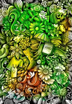 Spring hand drawn doodle banner. Cartoon detailed flyer. 스톡 일러스트