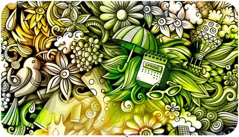 Spring hand drawn doodle banner. Cartoon detailed flyer. Stock Illustration
