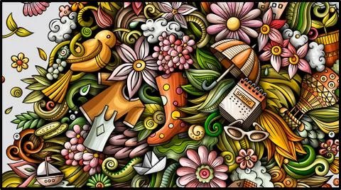 Spring hand drawn doodle banner. Cartoon detailed flyer. Stock Illustration
