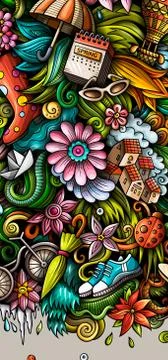 Spring hand drawn doodle banner. Cartoon detailed flyer. Stock Illustration