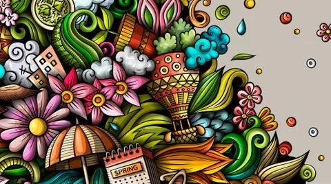 Spring hand drawn doodle banner. Cartoon detailed flyer. Illustrazione stock