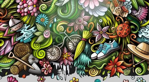 Spring hand drawn doodle banner. Cartoon detailed flyer. Stock Illustration