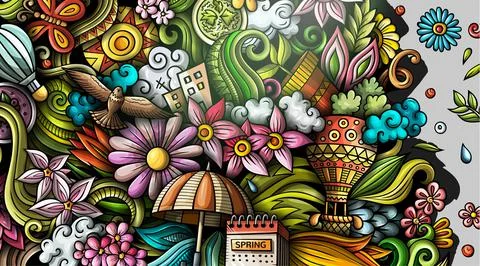 Spring hand drawn doodle banner. Cartoon detailed flyer. Stock Illustration