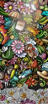 Spring hand drawn doodle banner. Cartoon detailed flyer. Stock Illustration