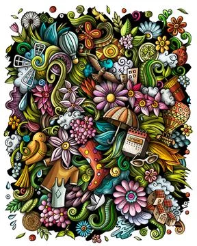 Spring hand drawn raster doodles illustration. Nature poster design. Illustrazione stock