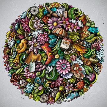 Spring hand drawn raster doodles illustration. Nature round design. Illustrazione stock