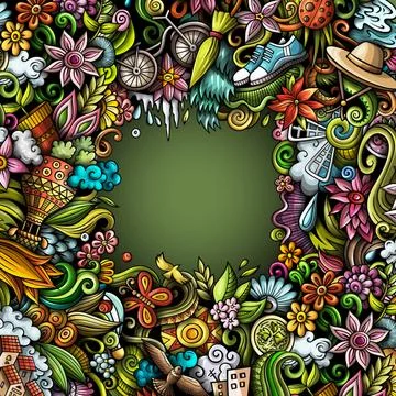Spring hand drawn raster doodles illustration. Nature frame design. Illustrazione stock
