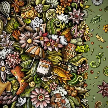 Spring hand drawn raster doodles illustration. Nature frame design. 스톡 일러스트