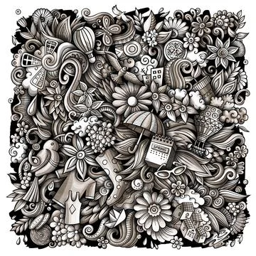 Spring hand drawn raster doodles illustration. Nature poster design. Illustrazione stock