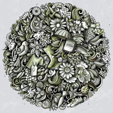 Spring hand drawn raster doodles illustration. Nature poster design. Stock Illustration