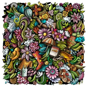 Spring hand drawn raster doodles illustration. Nature poster design. 스톡 일러스트