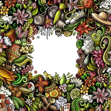Spring hand drawn raster doodles frame design. Stock Illustration