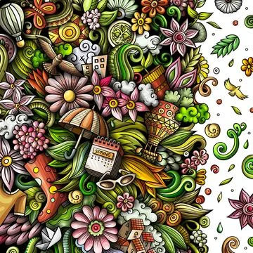 Spring hand drawn raster doodles frame design. Stock Illustration