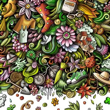 Spring hand drawn raster doodles frame design. Stock Illustration