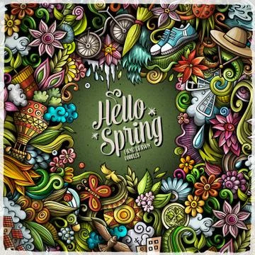 Spring hand drawn vector doodles illustration. Nature frame design. Illustrazione stock