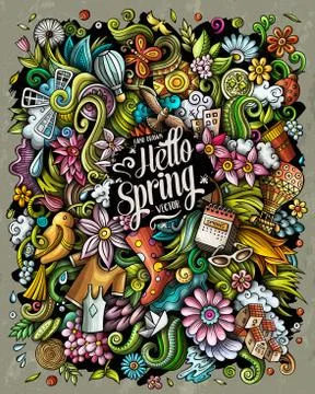 Spring hand drawn vector doodles illustration. Nature poster design. Stock Illustration