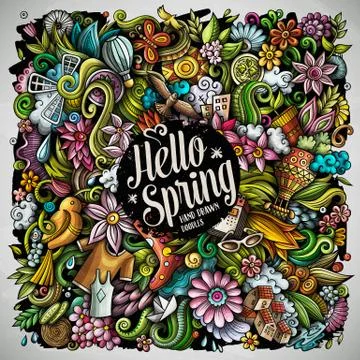 Spring hand drawn vector doodles illustration. Nature poster design. Illustrazione stock