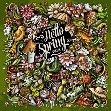 Spring hand drawn vector doodles illustration. Nature poster design. Stock Illustration