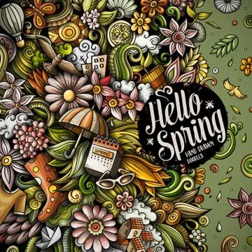 Spring hand drawn vector doodles illustration. Nature frame design. Illustrazione stock