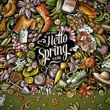 Spring hand drawn vector doodles illustration. Nature frame design. Stock Illustration