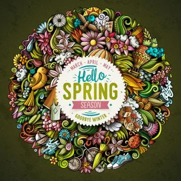 Spring hand drawn vector doodles illustration. Nature round design. 스톡 일러스트