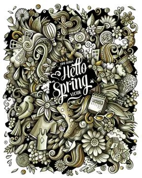 Spring hand drawn vector doodles illustration. Nature poster design. Stock Illustration