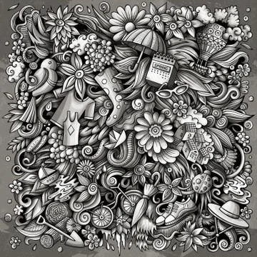 Spring hand drawn vector doodles illustration. Nature poster design. Stock Illustration