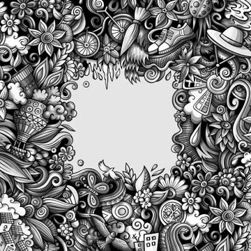 Spring hand drawn vector doodles illustration. Nature frame design. 스톡 일러스트