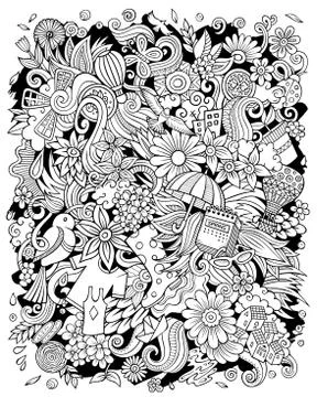 Spring hand drawn vector doodles illustration. Nature poster design. Stock Illustration