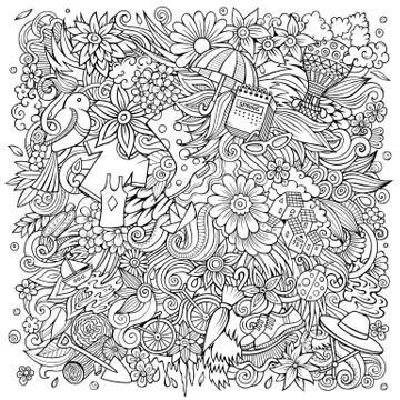Spring hand drawn vector doodles illustration. Nature poster design. 스톡 일러스트