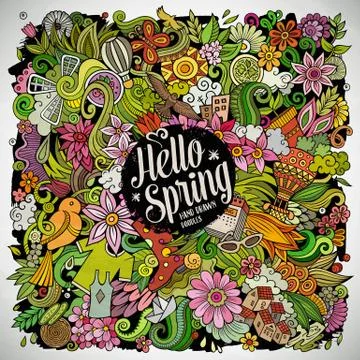 Spring hand drawn vector doodles illustration. Nature poster design. Illustrazione stock
