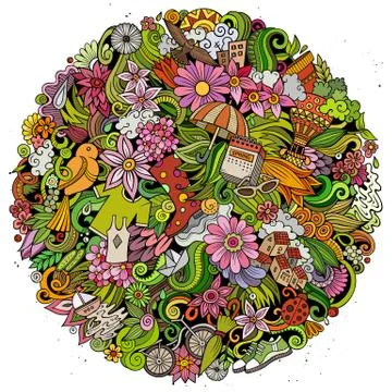 Spring hand drawn vector doodles illustration. Nature poster design. 스톡 일러스트