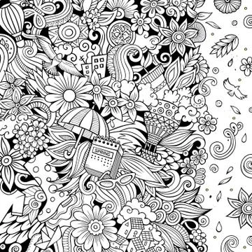 Spring hand drawn vector doodles illustration. Nature frame design. Stock Illustration