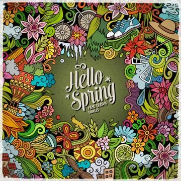 Spring hand drawn vector doodles illustration. Nature frame design. Stock Illustration
