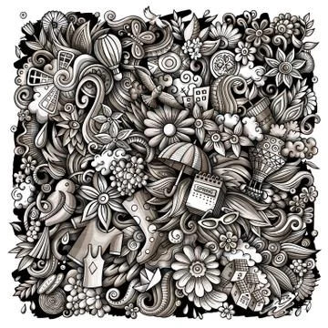 Spring hand drawn vector doodles illustration. Nature poster design. Stock Illustration