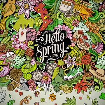 Spring hand drawn vector doodles illustration. Nature frame design. 스톡 일러스트