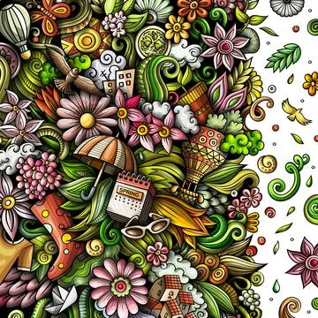 Spring hand drawn vector doodles frame design. Illustrazione stock