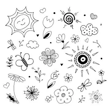 Spring hand drawn vector set. Sketchy line art. Cartoon set of objects and Stock Illustration