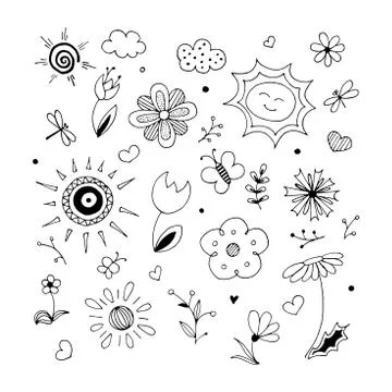 Spring hand drawn vector set. Sketchy line art. Cartoon set of objects and Stock Illustration